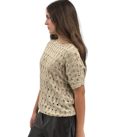 Chico's Short Sleeve Sweater Gold Shimmer Metallic Loose Knit 100% Cotton | 2 - Picture 4 of 11